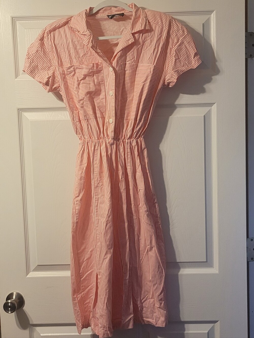 Vintage Liberated Lady Peach and white striped button up dress. Size 8.